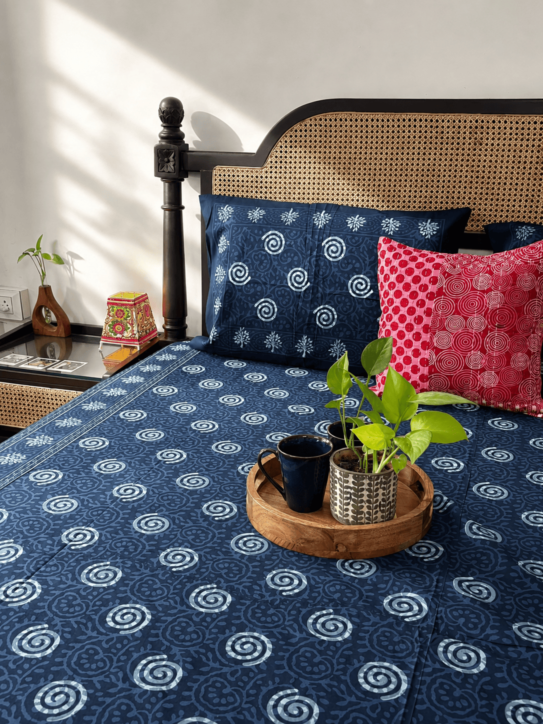 Indigo Rangoli - Flat I Fitted Bedsheet (90x108 Inches)