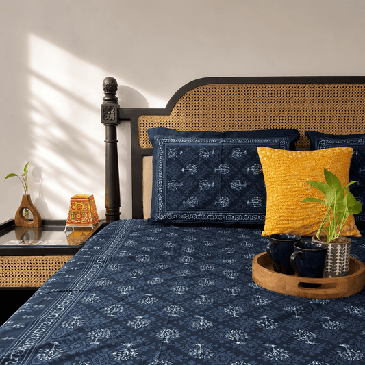 Indigo Tree - Flat I Fitted Bedsheet (90x108 Inches)