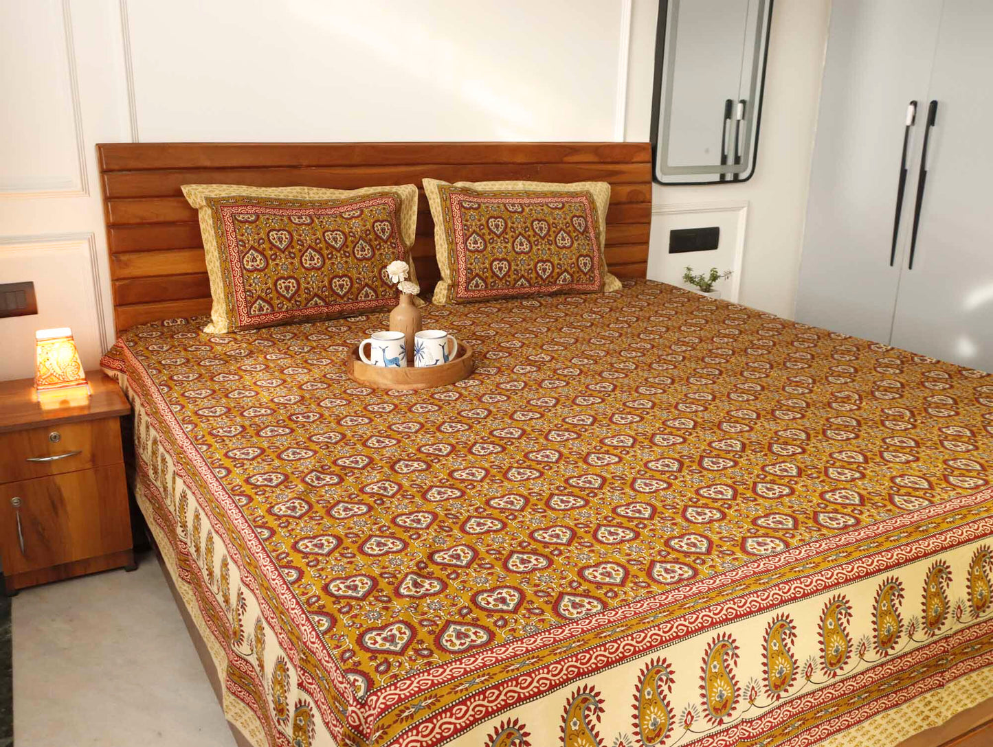 Kalamkari Dilkash Mustard  - Flat I Fitted Bedsheet (108x108 Inches)