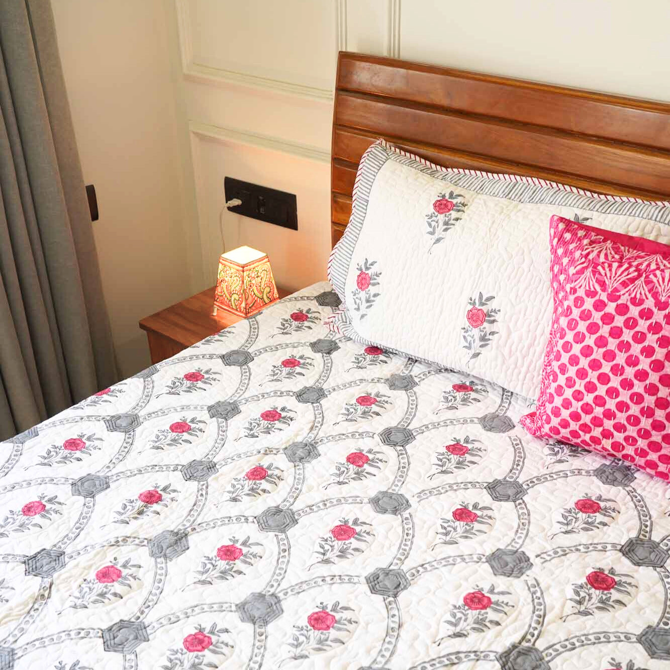 Grey Arches - Quilted and Reversible Handblock Bedcover I Comforter