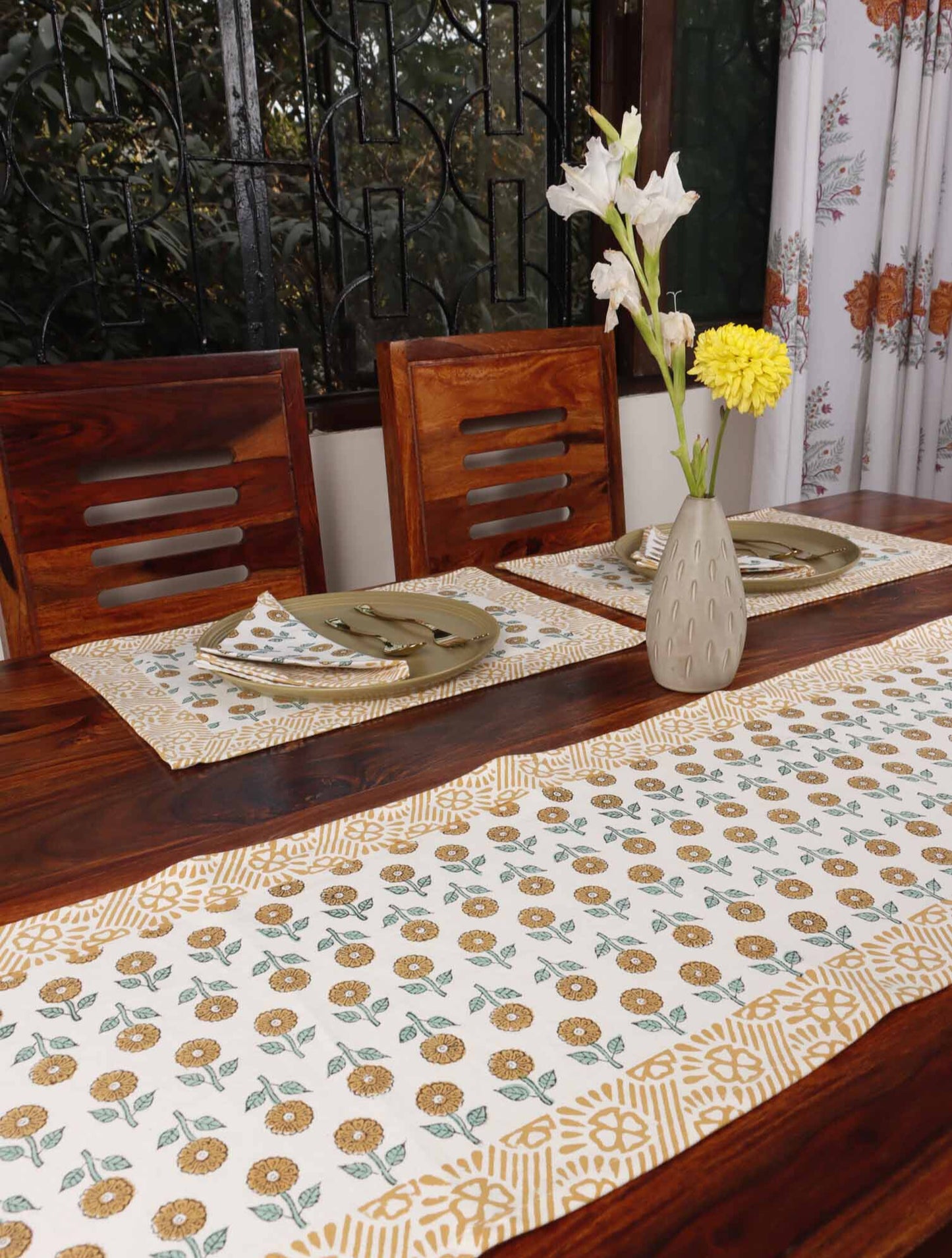 Pushpita - Hand Block Printed Table Runner, Table Mats and Napkins