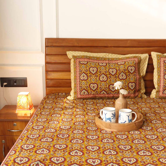 Kalamkari Dilkash Mustard  - Flat I Fitted Bedsheet (108x108 Inches)