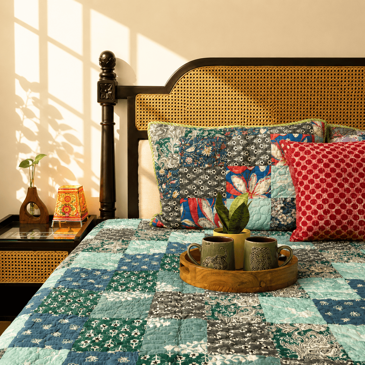 Rangeela - Turquoise - A Patchwork Reversible Quilted Bedcover I Comforter - With Pillow Cases