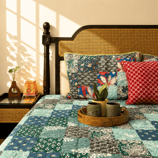 Rangeela - Turquoise - A Patchwork Reversible Quilted Bedcover I Comforter - With Pillow Cases