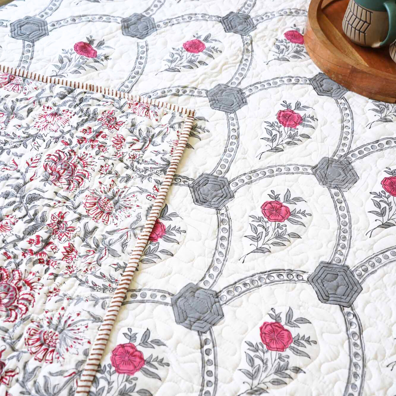 Grey Arches - Quilted and Reversible Handblock Bedcover I Comforter
