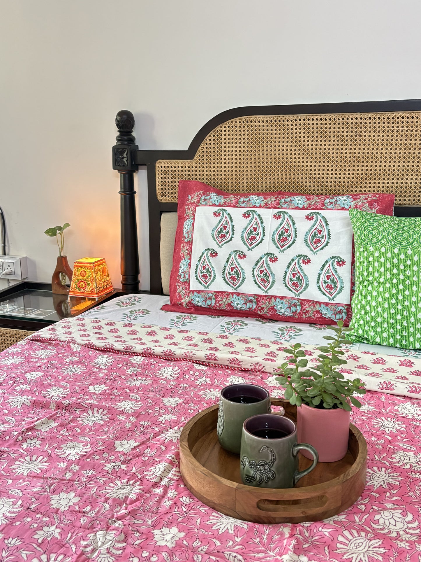Double Bed Block Print Reversible Mul Dohar - Gulabi