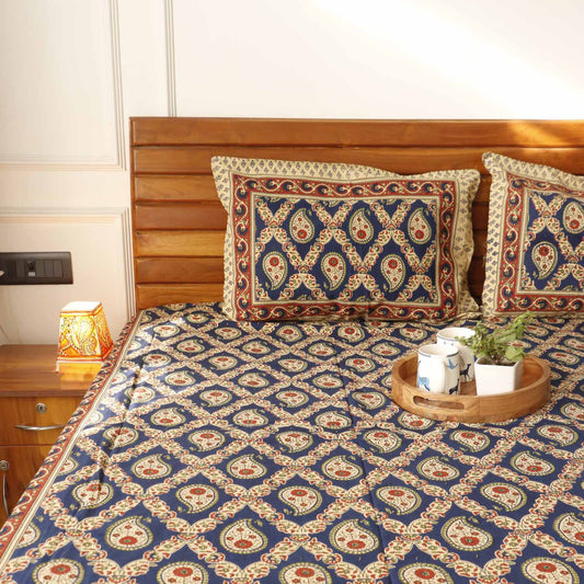 Kalamkari Neeli Booti - Flat I Fitted Bedsheet (108x108 Inches)