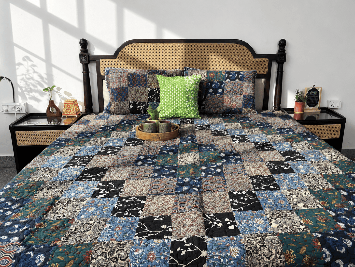 Rangeela - Blue - Patchwork Reversible Quilted Bedcover I Comforter - With Pillow Cases