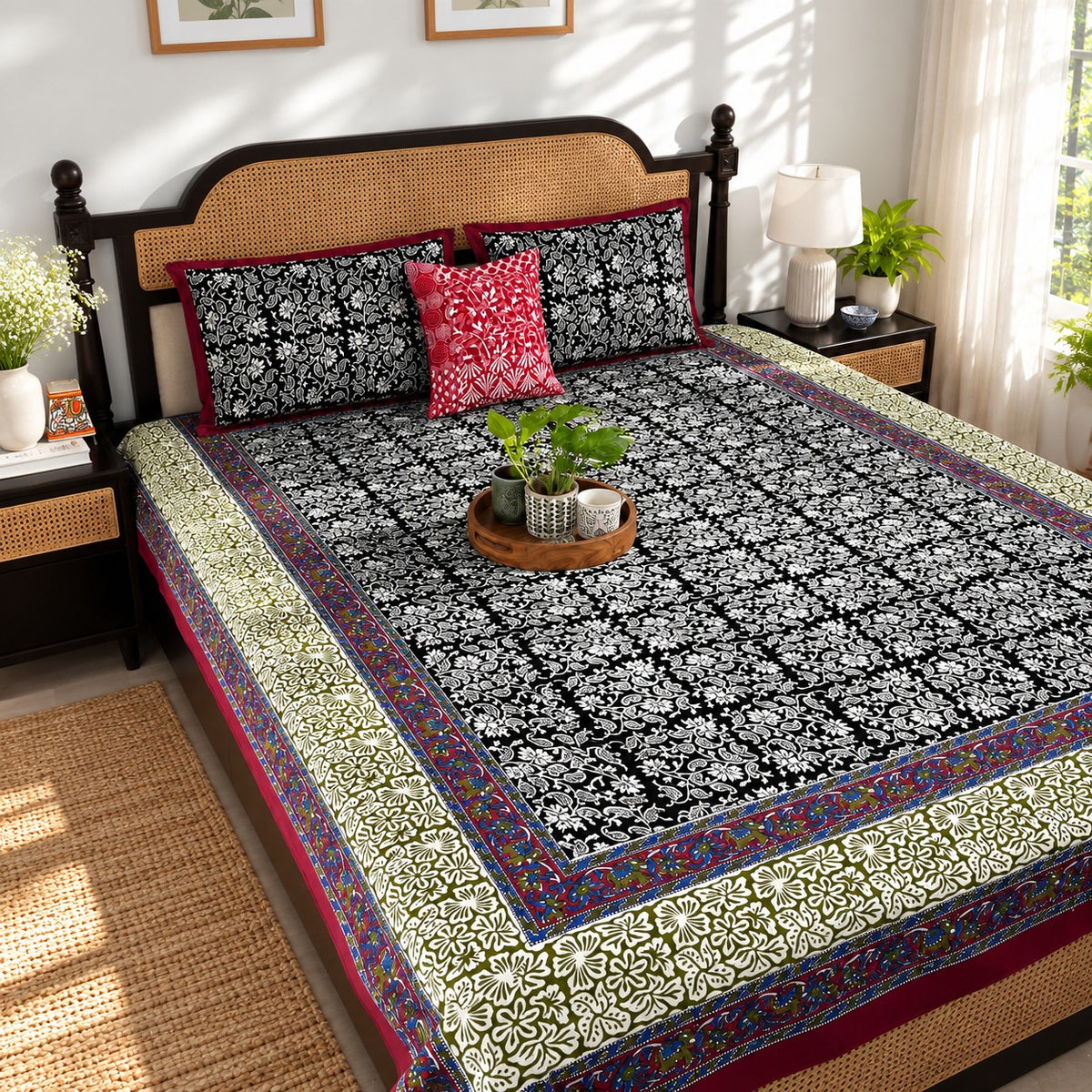 Black Kalamkari - Flat I Fitted Bedsheet (90x108 Inches)