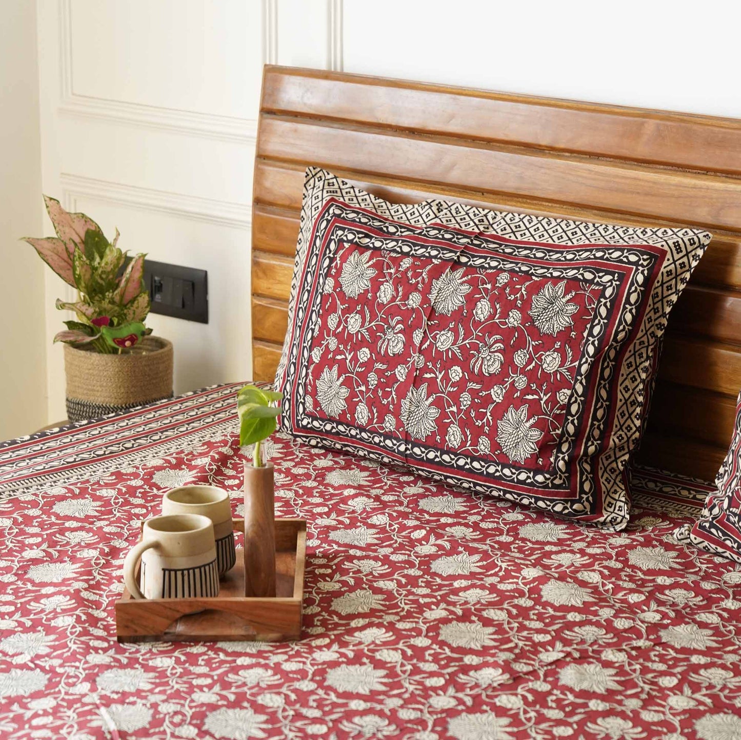 Kalamkari Red - Flat I Fitted Bedsheet (108x108 Inches)