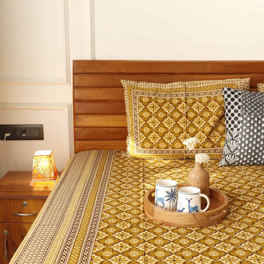 Kalamkari Jharokha Mustard    Flat I Fitted Bedsheet (90x108 Inches)