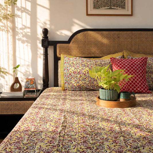 Phulwari Yellow - Flat I Fitted Bedsheet (90x108 Inches)