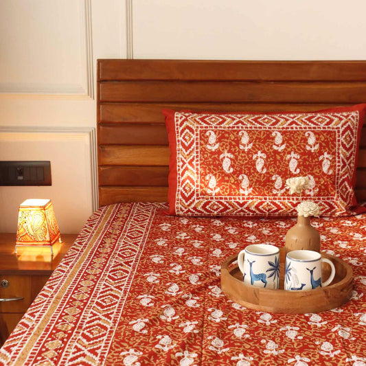 Dabu Orange – Flat I Fitted Bedsheet (90x108 Inches)