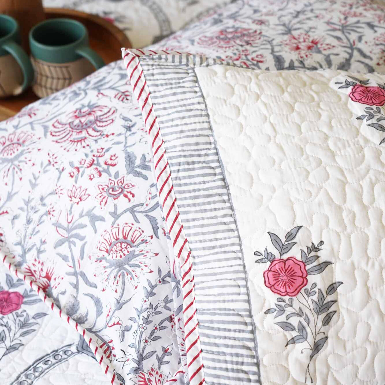 Grey Arches - Quilted and Reversible Handblock Bedcover I Comforter