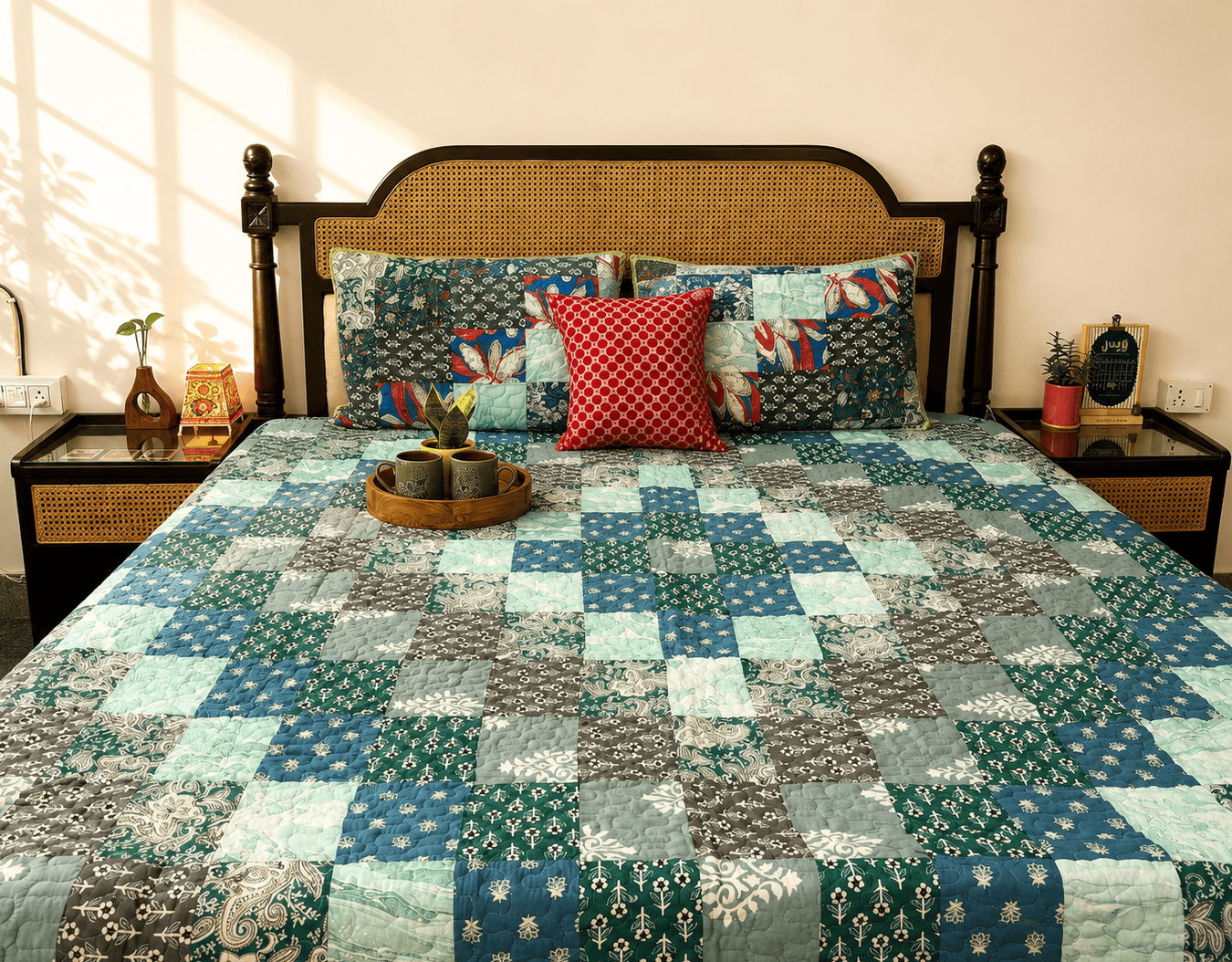 Rangeela - Turquoise - A Patchwork Reversible Quilted Bedcover I Comforter - With Pillow Cases