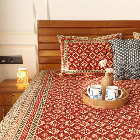 Kalamkari Jharoka Red – Flat I Fitted Bedsheet (90x108 Inches)