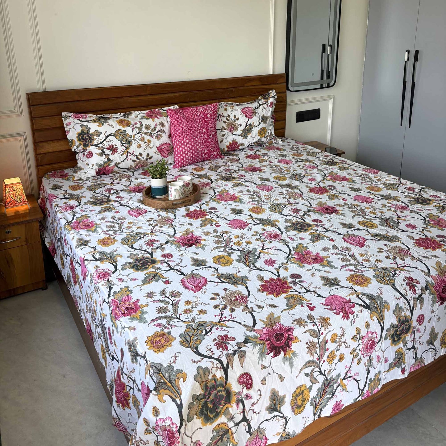 Anokhi Prints - Pink Flower – Flat I Fitted Bedsheet (108x108 Inches)