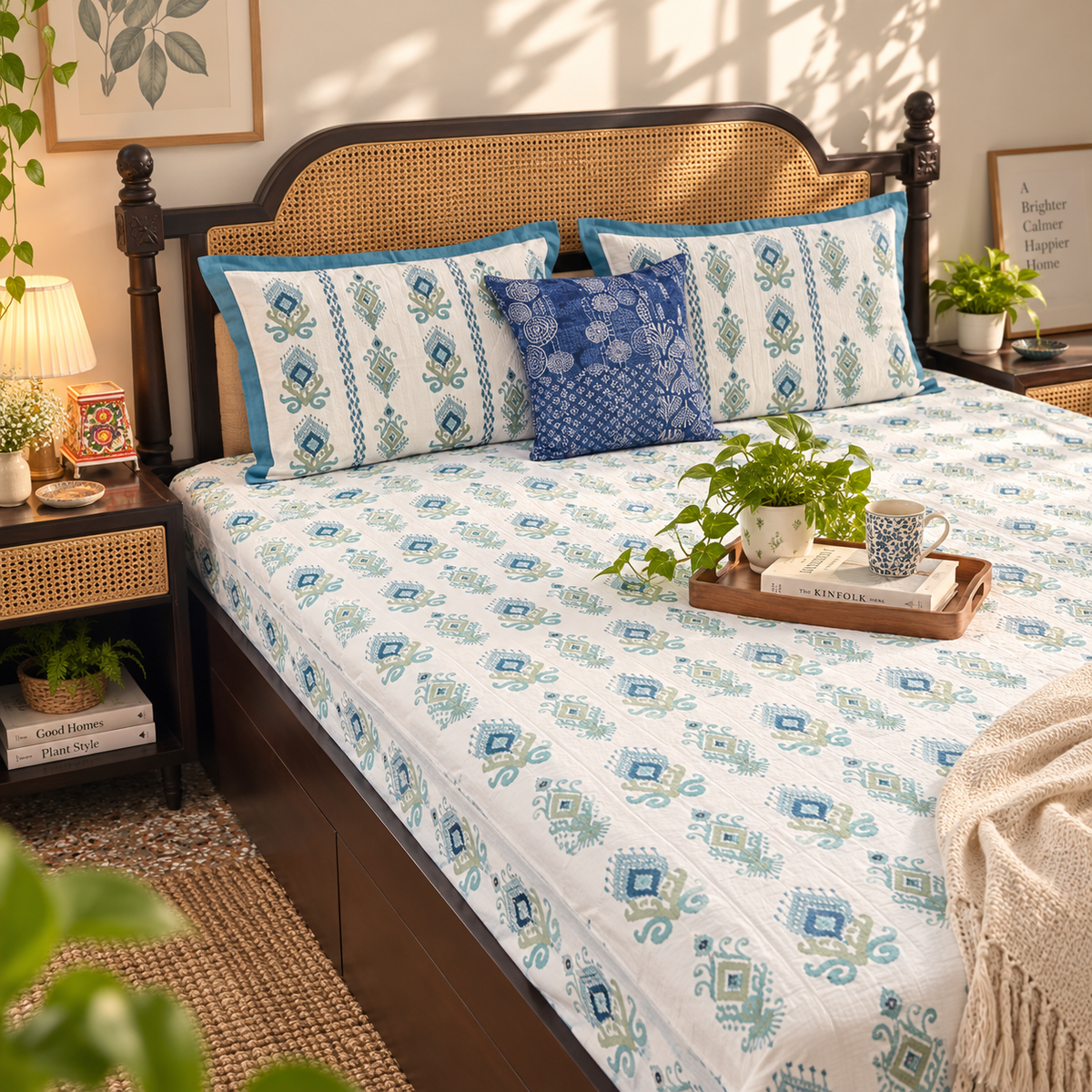 Aashiyana Blue - Flat I Fitted Bedsheet (108x108 Inches)