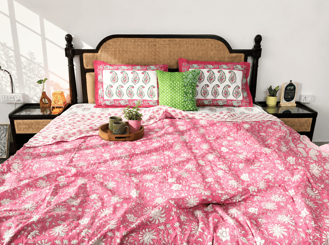 Double Bed Block Print Reversible Mul Dohar - Gulabi