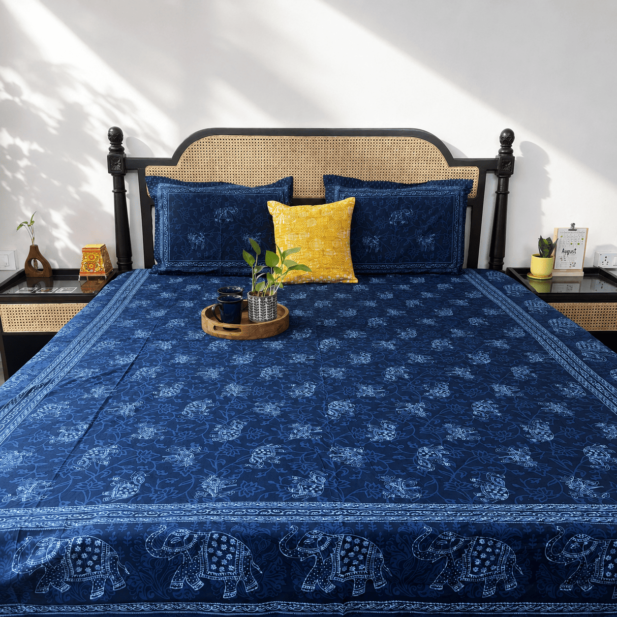 Indigo Elephant -Flat I Fitted Bedsheet (90x108 Inches)