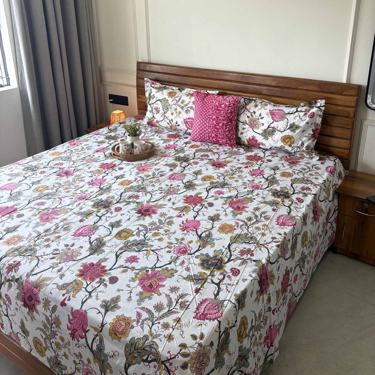 Anokhi Prints - Pink Flower – Flat I Fitted Bedsheet (108x108 Inches)
