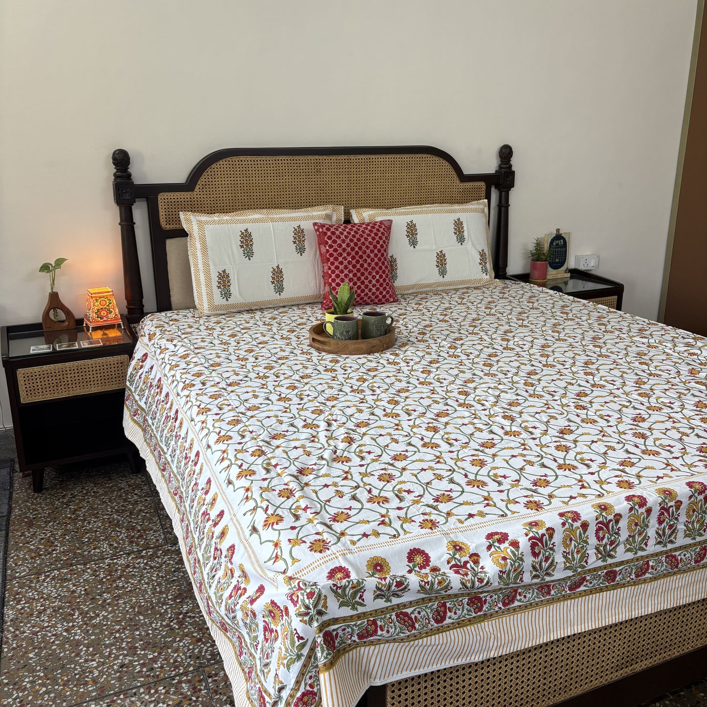 Rust Bloom - Hand block Bedsheet (108x108 Inches)