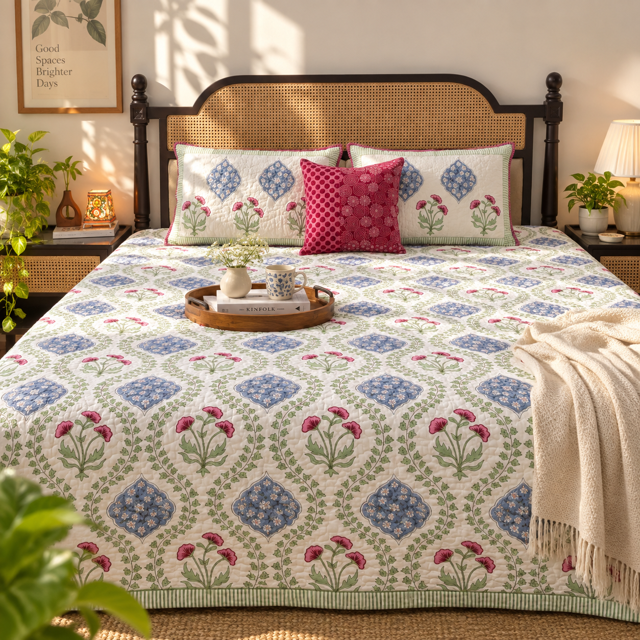 Mughal Garden - Quilted and Reversible Handblock Bedcover I Comforter