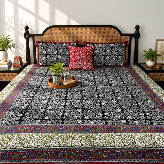 Black Kalamkari - Flat I Fitted Bedsheet (90x108 Inches)