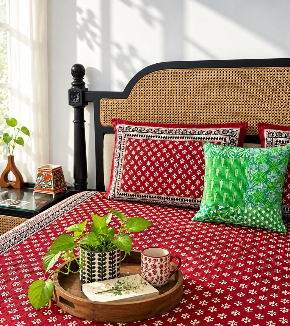 New Maroon Kalamkari- Flat I Fitted Bedsheet (90x108 Inches)