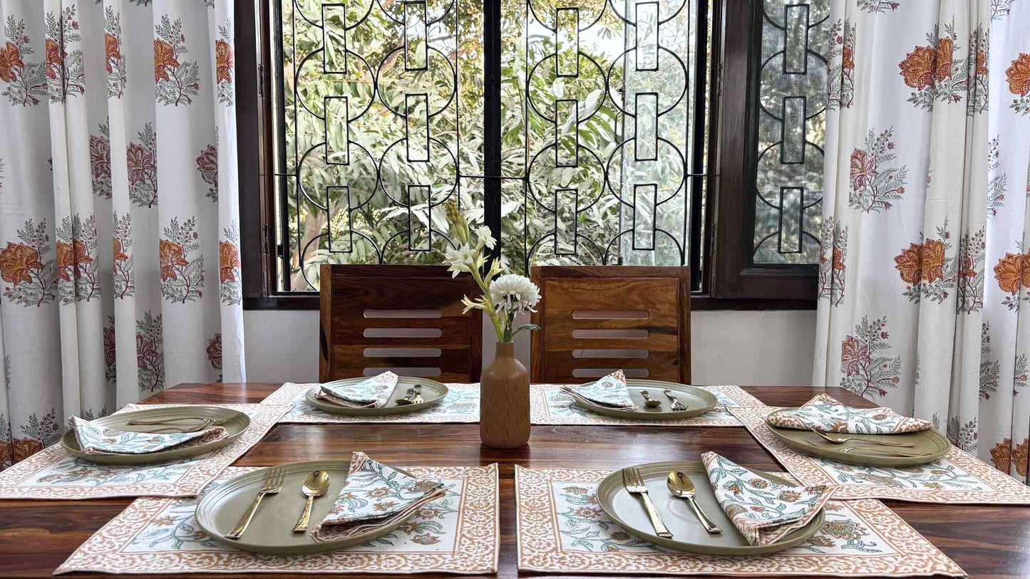 Muskan - Hand Block Table Runner, Table Mats and Napkins