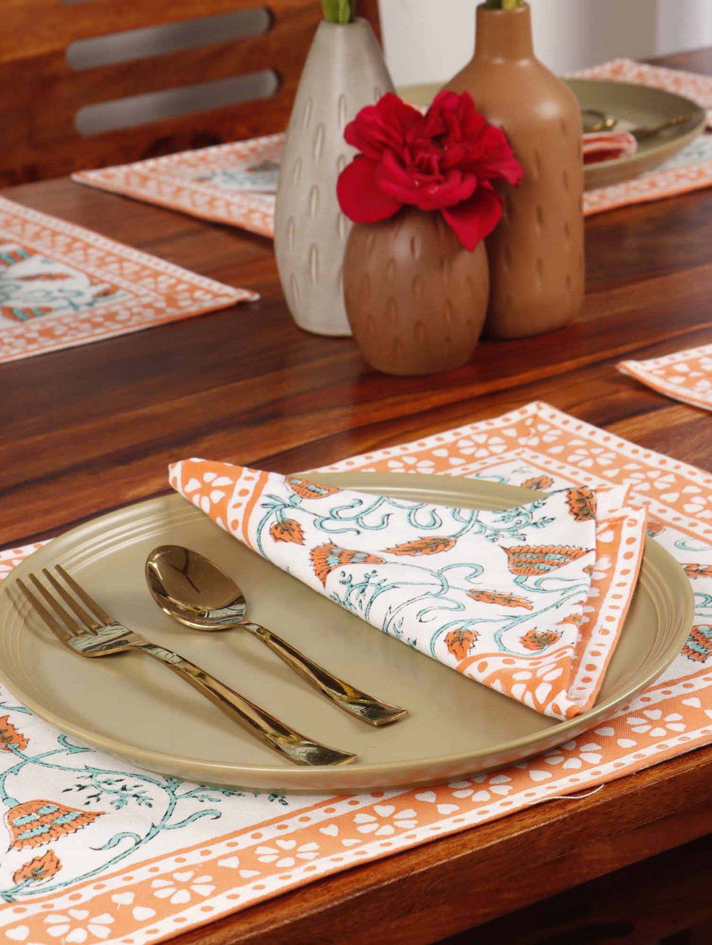 Kesari Bel - Hand Block Table Runner, Table Mats and Napkins