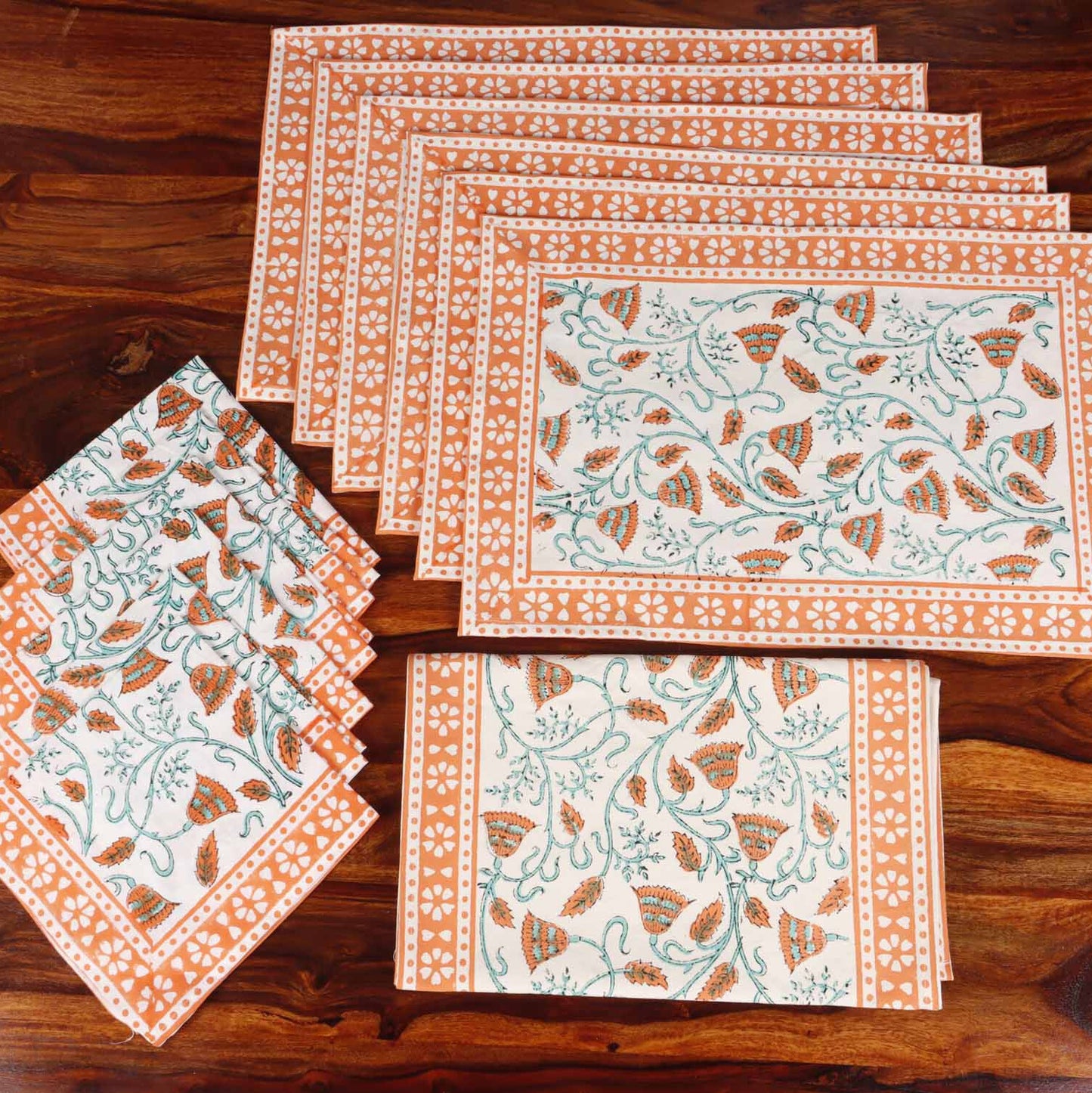 Kesari Bel - Hand Block Table Runner, Table Mats and Napkins