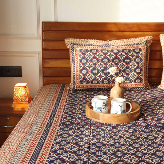 Kalamkari Jharoka Blue  Flat I Fitted Bedsheet (90x108 Inches)