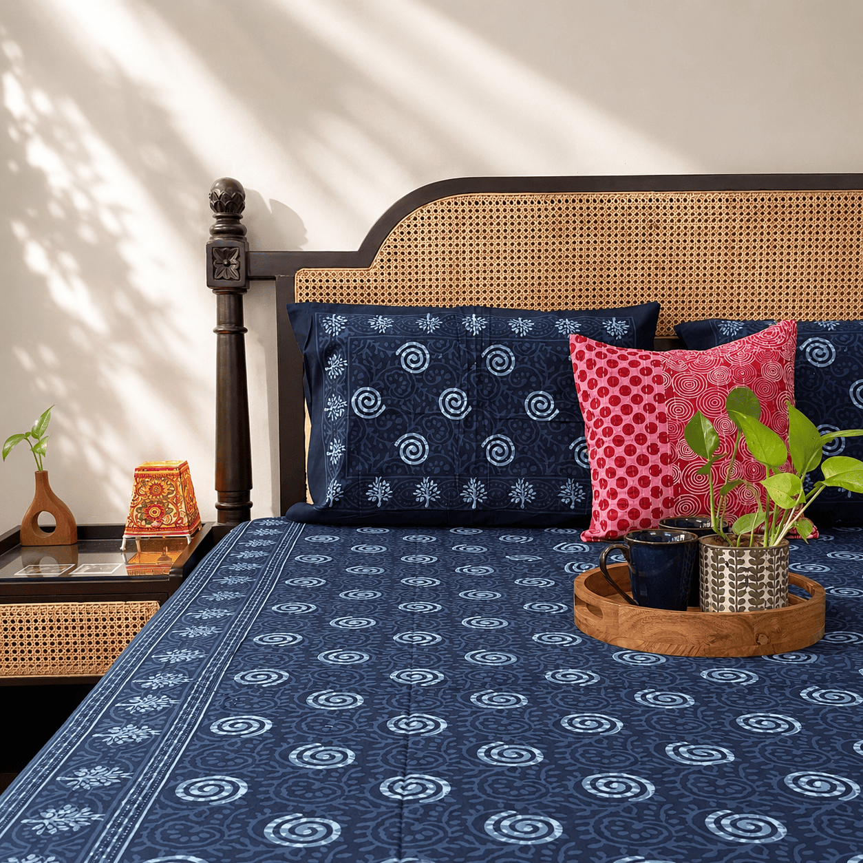 Indigo Rangoli - Flat I Fitted Bedsheet (90x108 Inches)