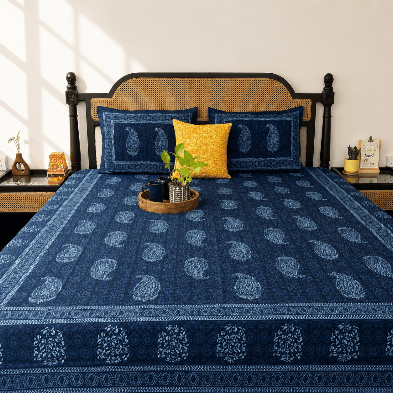 Indigo Paisley - Flat I Fitted Bedsheet (90x108 Inches)