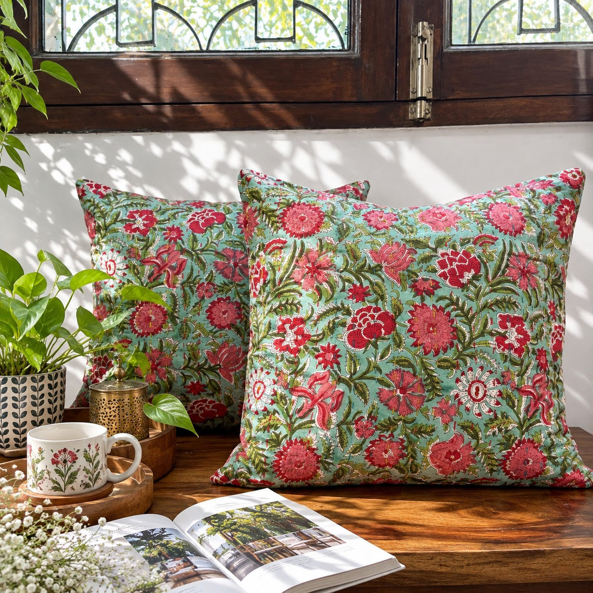 Kadambari – Handblock Kantha Stitch Cushion Cover