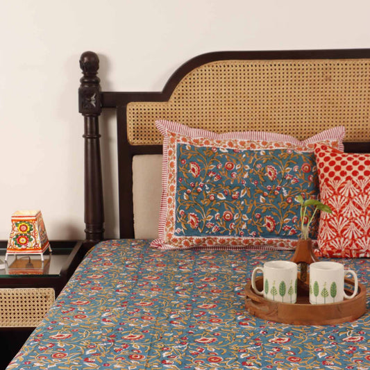 Hand block Kalamkari Blue Rangoon (108x108 Inches)