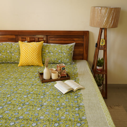 Phulwari Green - Handblock Bedsheet (100x108 Inches)