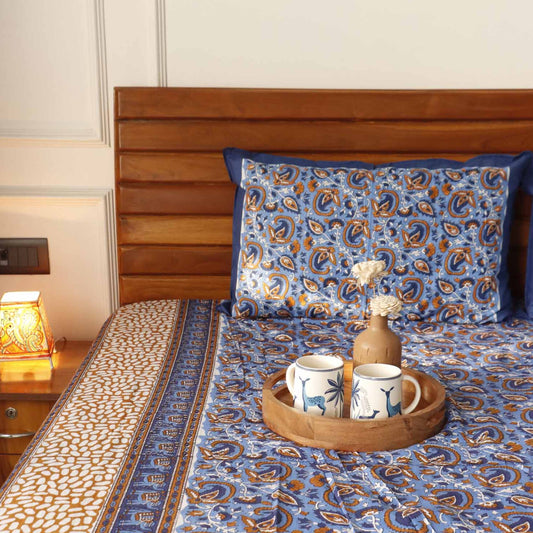 Kalamkari Pastel Blue – Flat I Fitted Bedsheet (90x108 Inches)