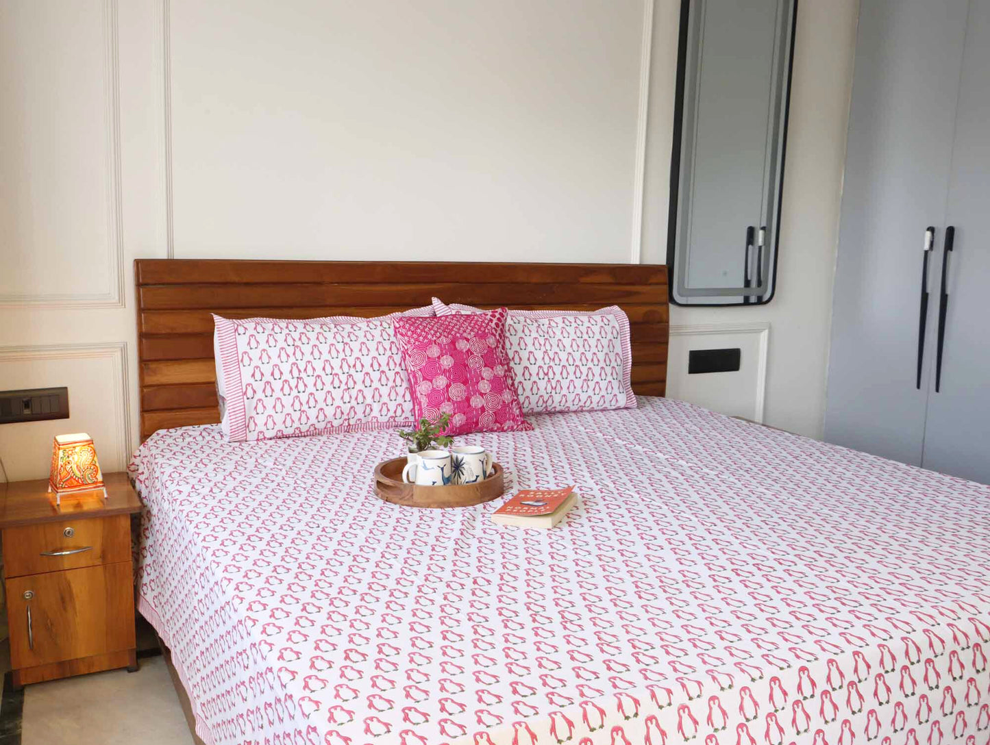 Pink Penguin - Handblock Bedsheet (108x108 inches)