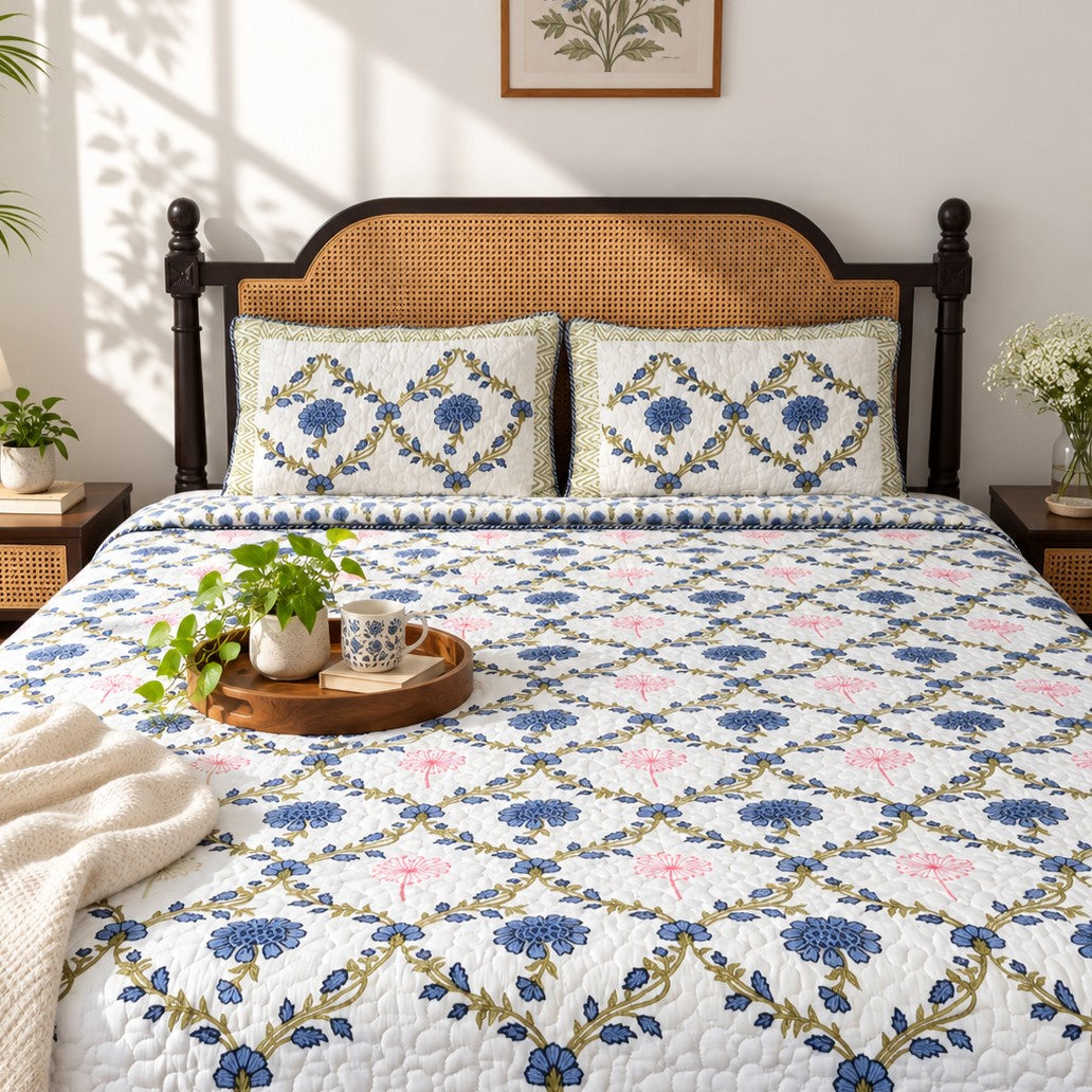 Khushamadeed - Quilted and Reversible Handblock Bedcover I Comforter
