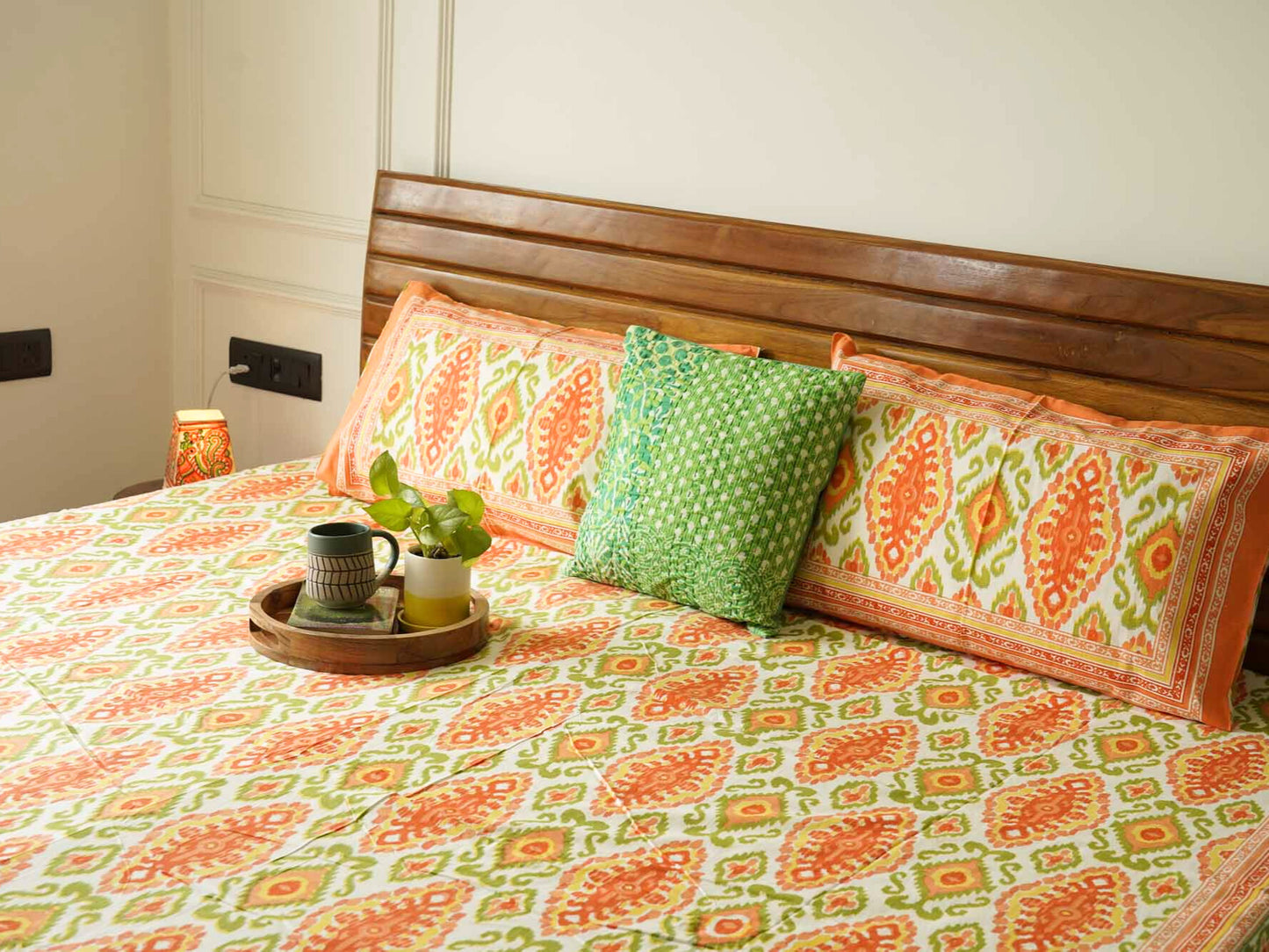Ikkat - Orange - Flat/Fitted Bedsheet (90x108 Inches)