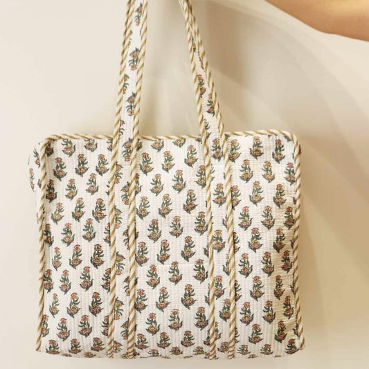 Jaipuri Quilted Tote Bag - White