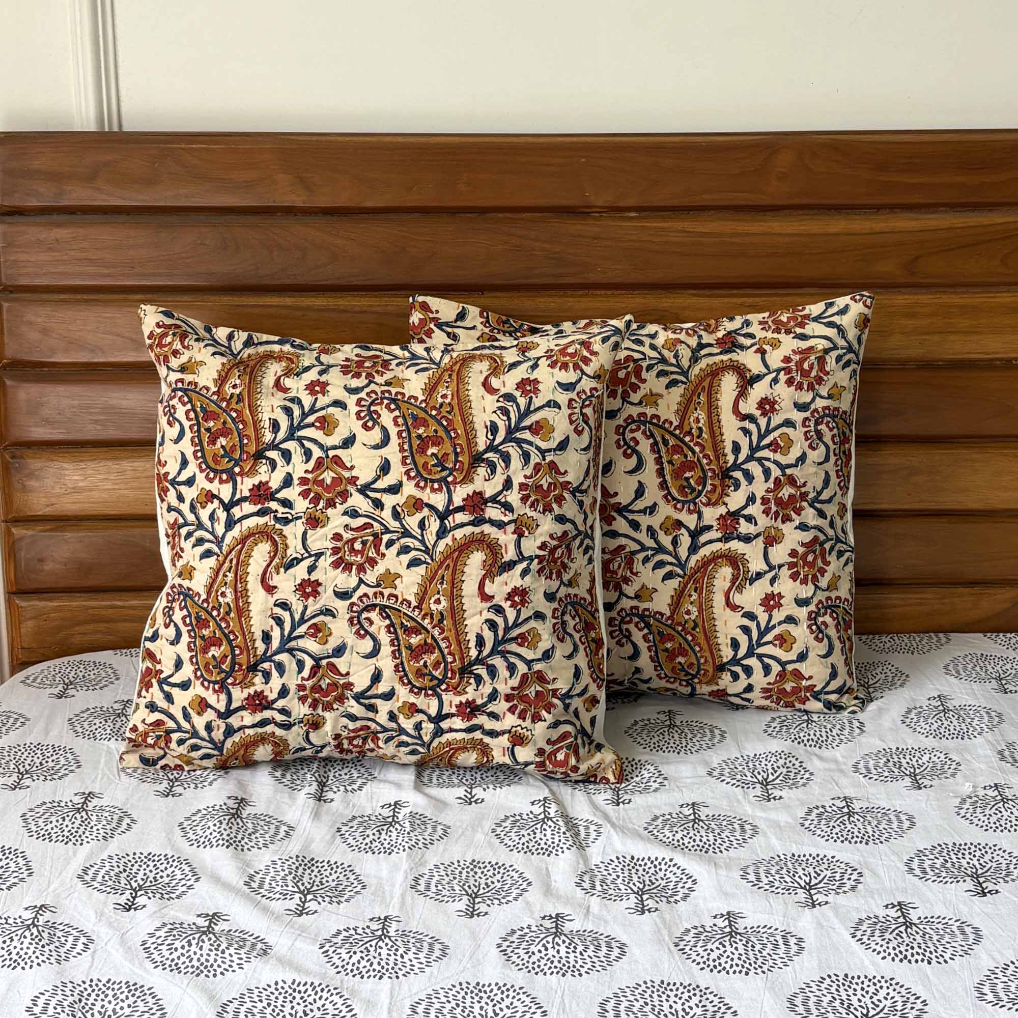 Jaipur Paisley – Handblock Kantha Stitch Cushion Cover – Local Kala