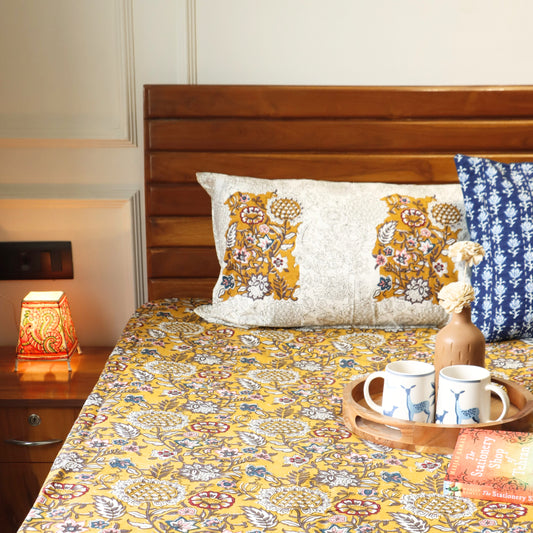 Kalamkari Chartlook Mustard - Flat I Fitted Bedsheet (108x108 Inches)