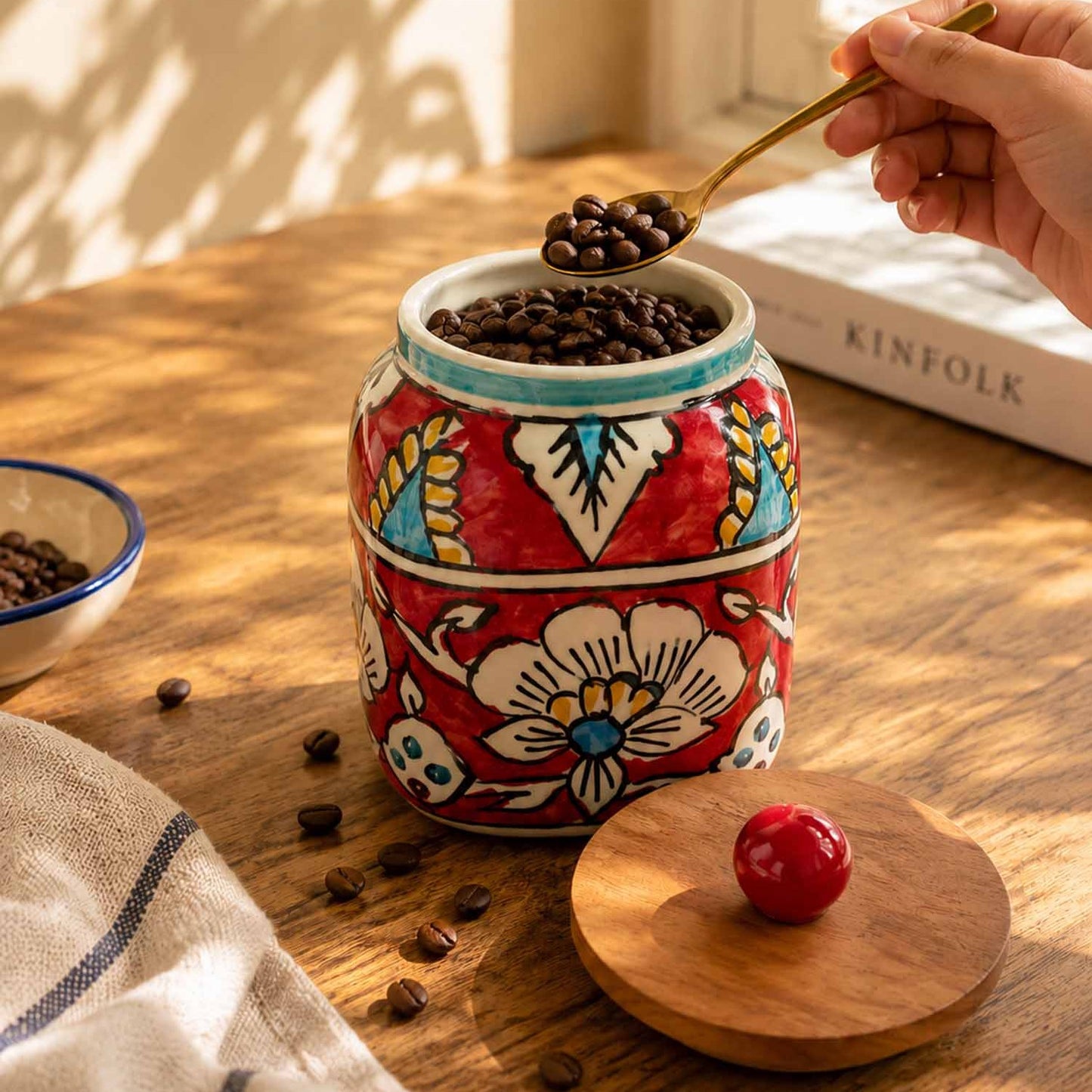 Hand Painted Ceramic Storage Jars - Red Blue- Set Of 2