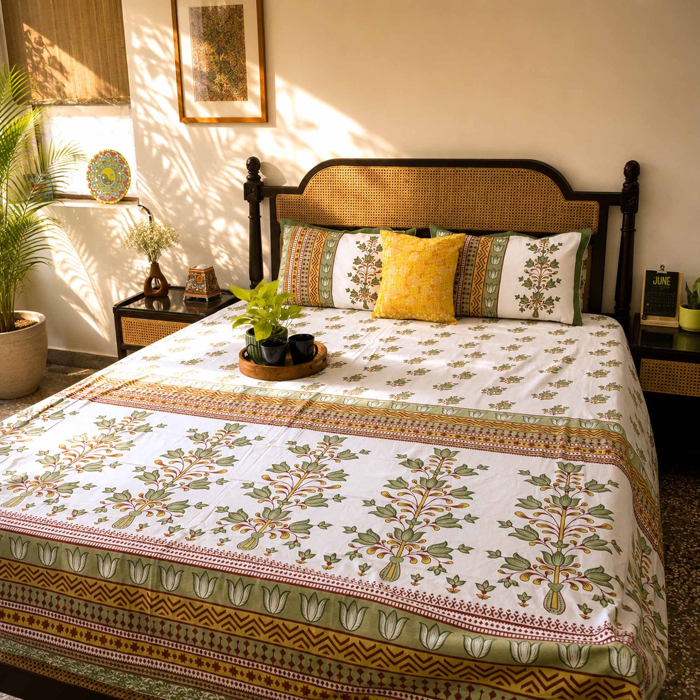 Palaash Green- White – Flat I Fitted Bedsheet (108x108 Inches)