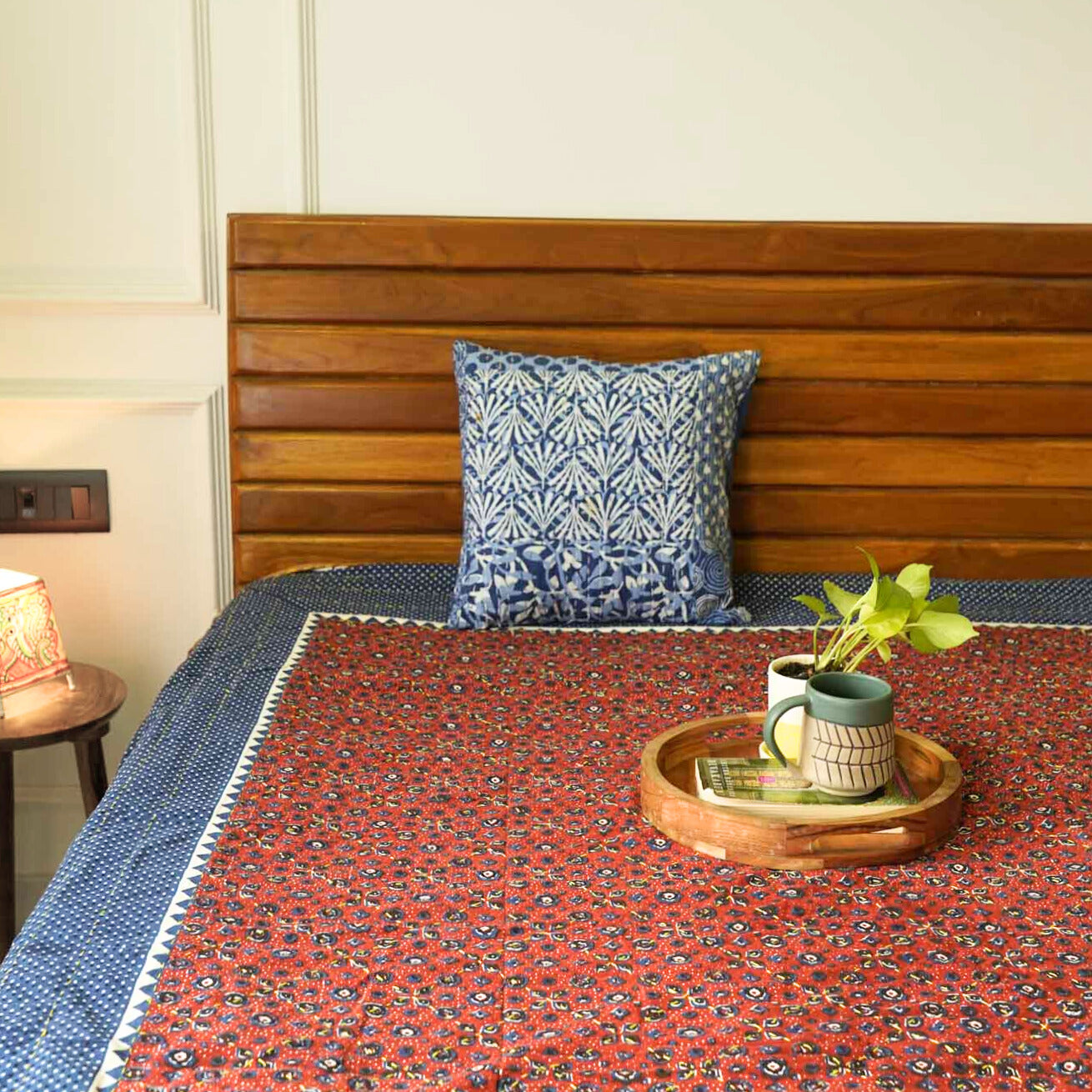 Ajrakh  Red - Kantha stitch Bedcover (90x108)