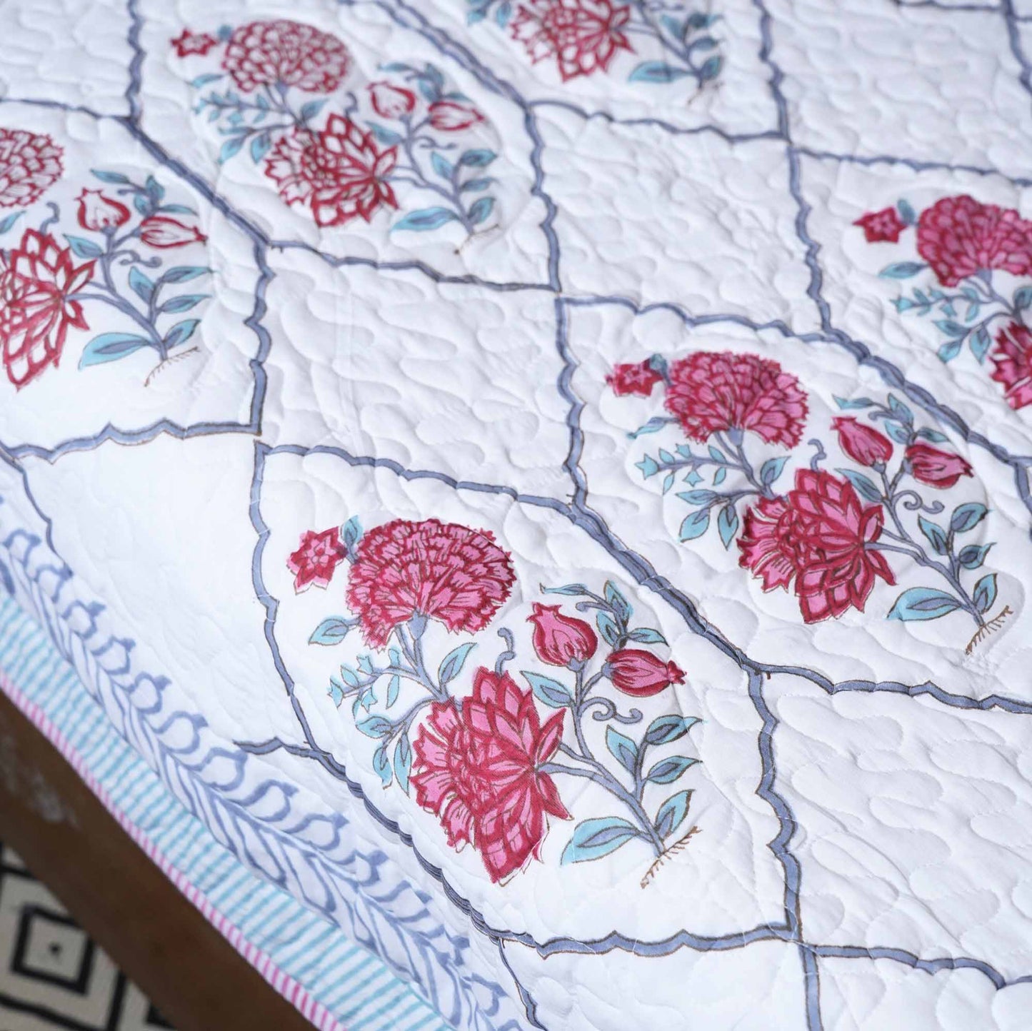 Gul Mehndi - Quilted and Reversible Handblock Bedcover I Comforter
