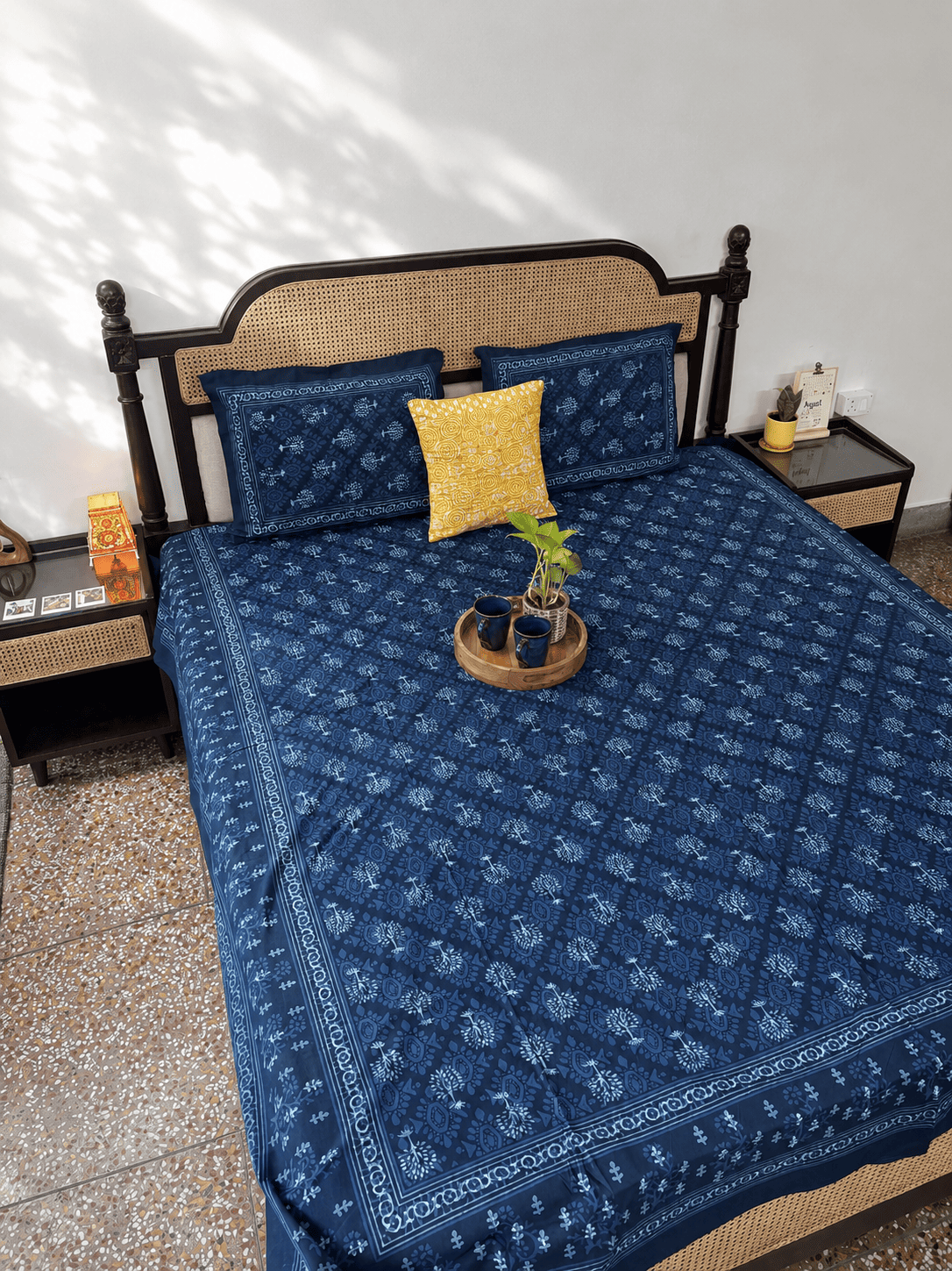 Indigo Tree - Flat I Fitted Bedsheet (90x108 Inches)